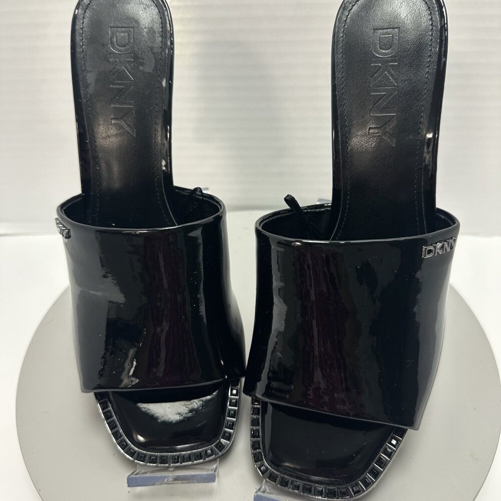 DKNY Women's Slip-on Mules Size 8.5 Black Patent Stiletto Evening Wear